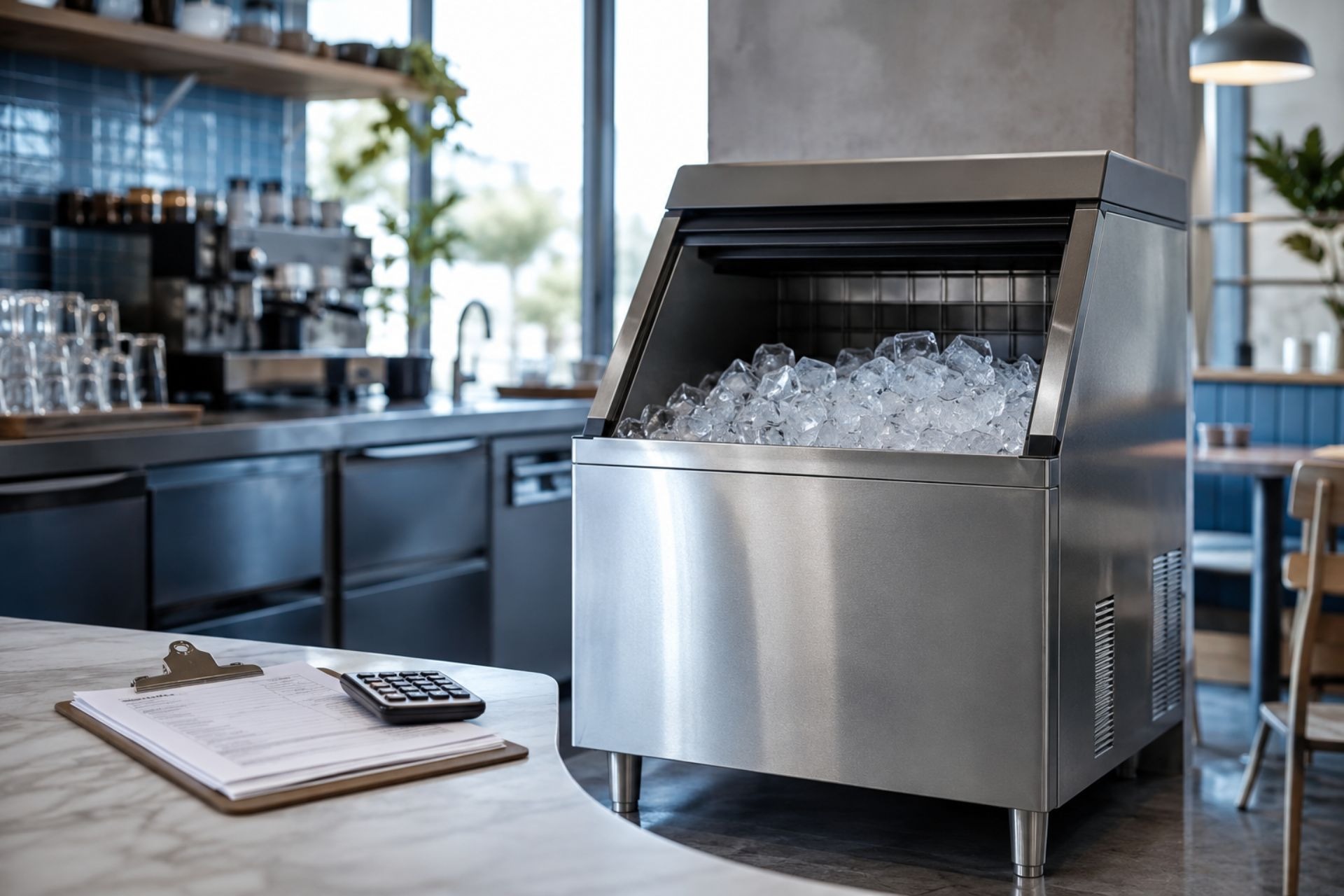 Commercial ice maker used in a restaurant kitchen