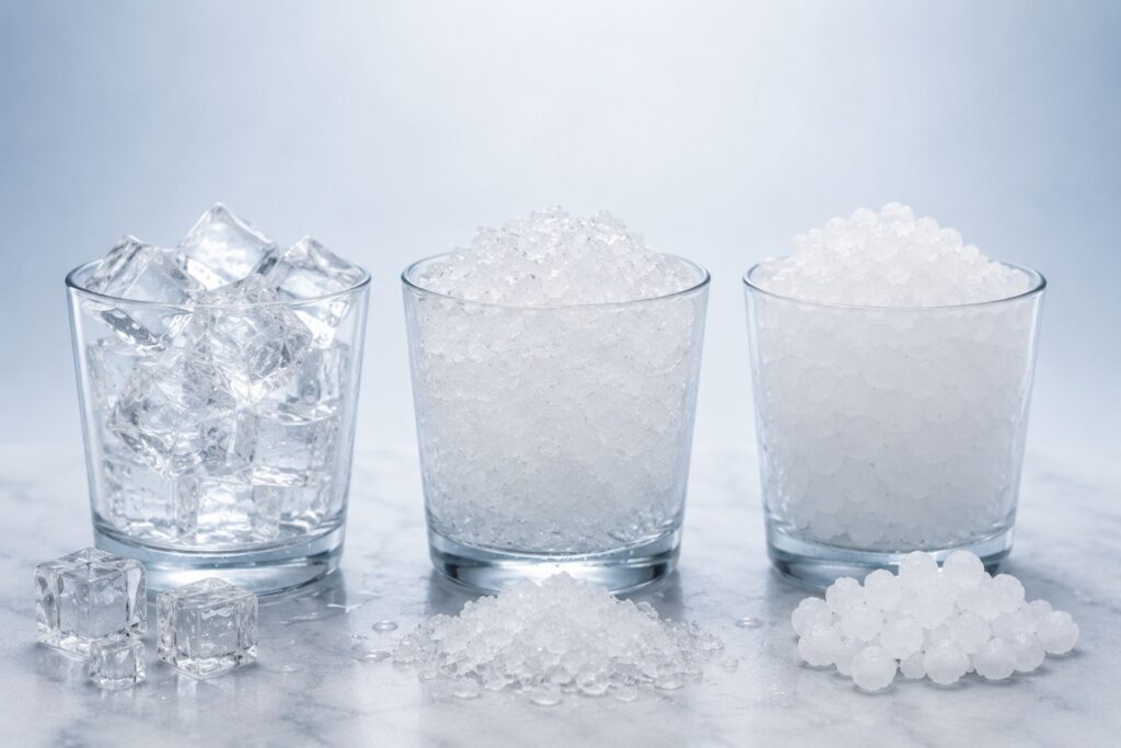 Different types of ice cubes displayed in glass containers, including cube ice, flake ice, and nugget ice on a marble surface.